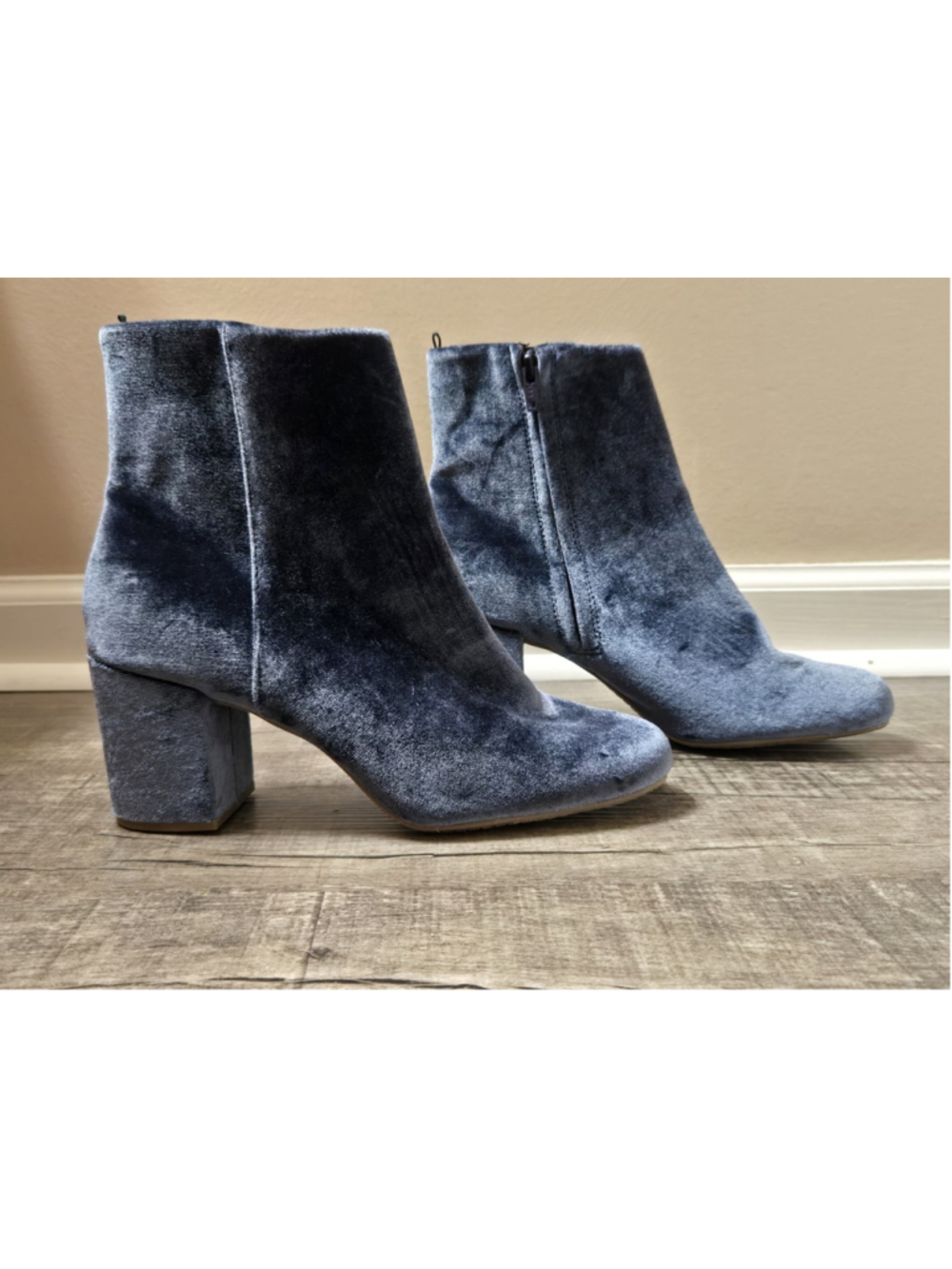 Old Navy Blue Steel Velvet Ankle Boots Block Heel Booties Size 9 Coquette Goth